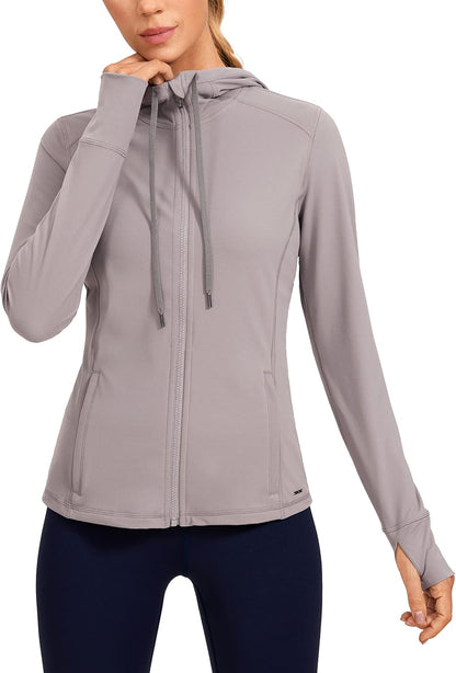 Women'S Brushed Full Zip Hoodie Jacket Sportswear Hooded Workout Track Running Jacket with Zip Pockets