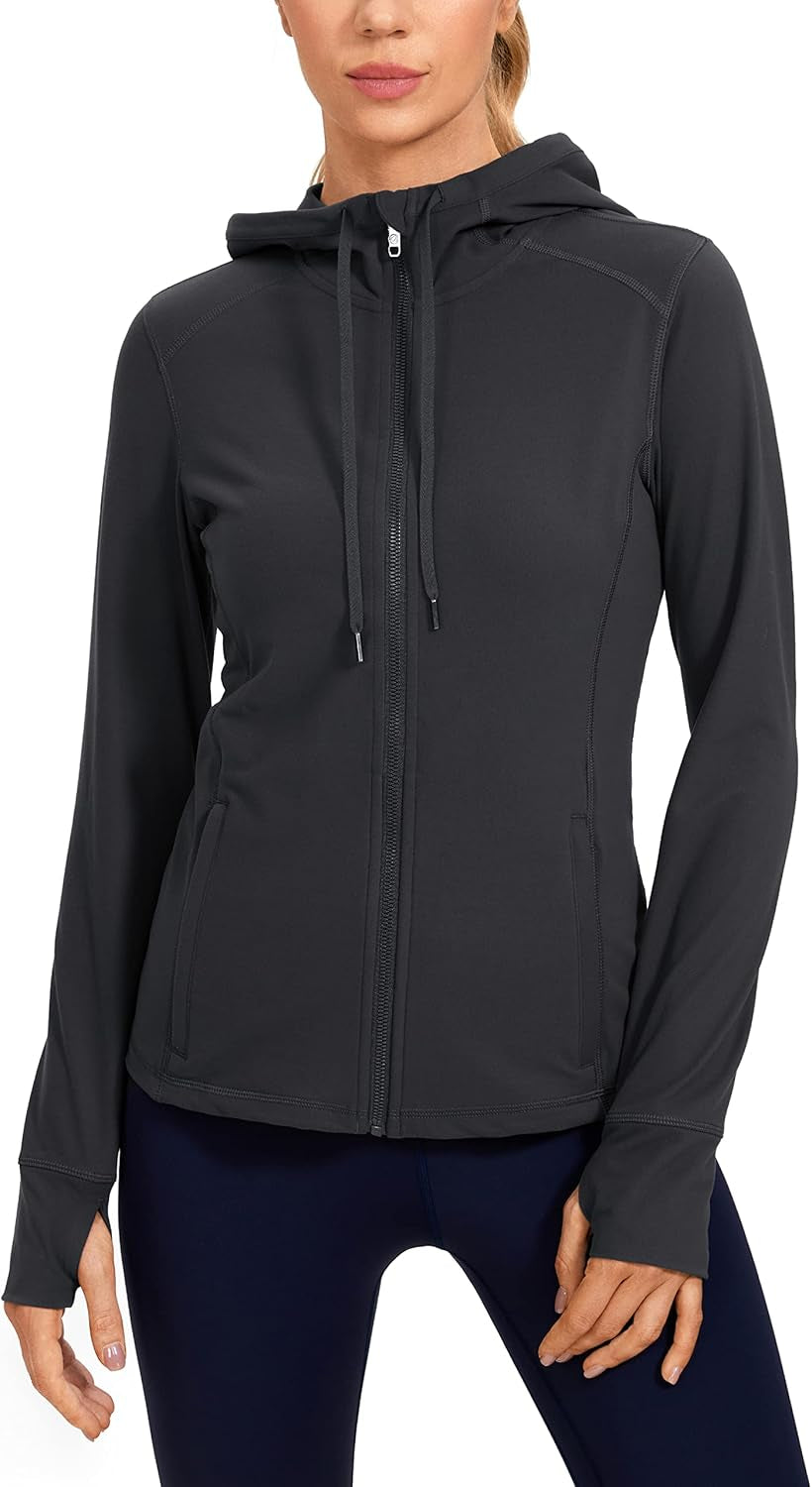 Women'S Brushed Full Zip Hoodie Jacket Sportswear Hooded Workout Track Running Jacket with Zip Pockets